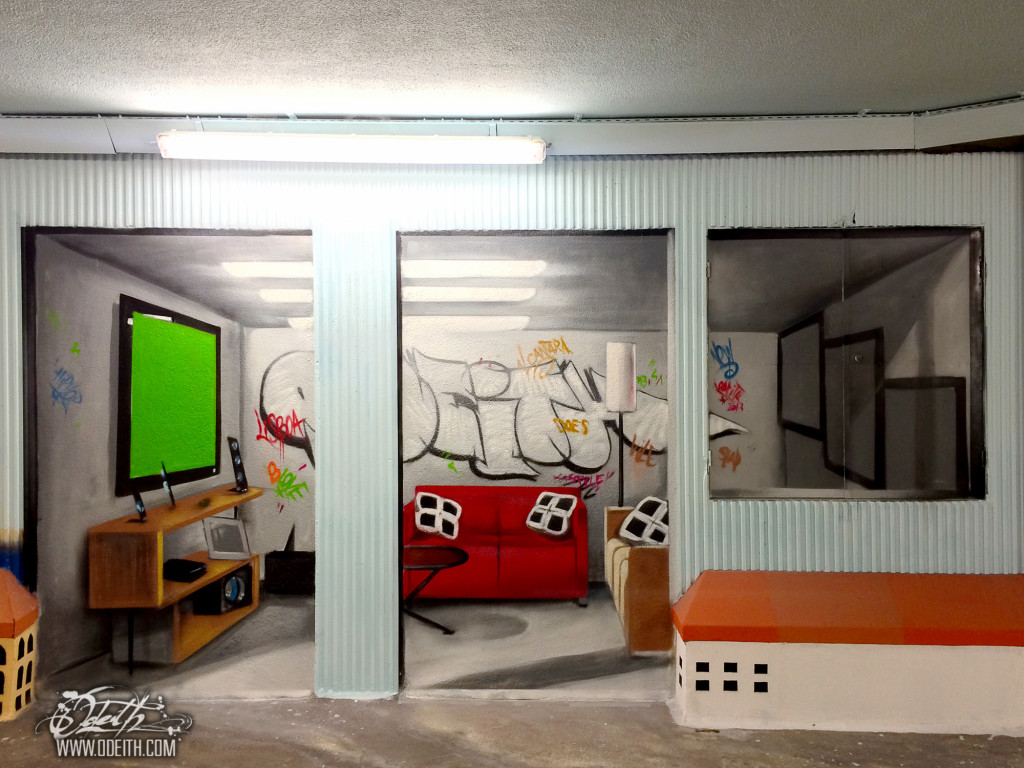 Living-room-Graffiti-illusion-Mural-Odeith-bubble-letters-Alcantra-Portugal